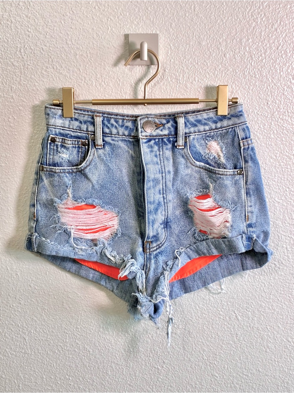 Signature8 Light Blue Distressed Denim Shorts with Orange Underlay